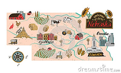 Illustrated map of Nebraska state, USA. Vector Illustration