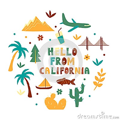 USA collection. Hello from California theme. State Symbols Vector Illustration