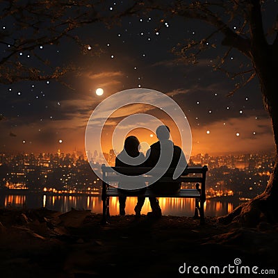 Illustrated night, Moonlit bench, rear-view hug, falling star a couples cosmic connection Stock Photo