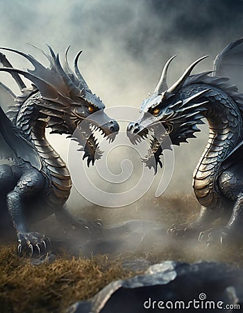 illustrated pair of dragon on gray background with fog dark background Stock Photo