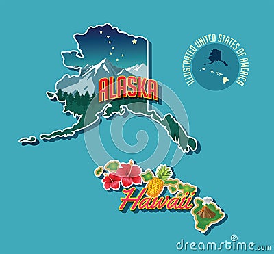 Illustrated pictorial map of Alaska and Hawaii Vector Illustration