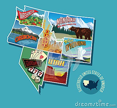 Illustrated pictorial map of Northwest United States. Vector Illustration