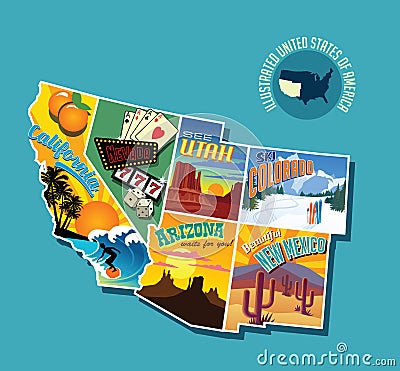 Illustrated pictorial map of Southwest United States. Vector Illustration