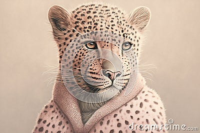 An illustrated portrait of a leopard standing upright and posing in a leopard print animal sweater, rendered in pastel pink. AI Stock Photo