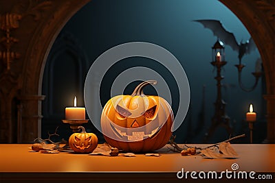 Illustrated pumpkin on a captivating Halloween themed backdrop sets a spooky tone Stock Photo