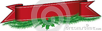 Illustrated Red Christmas Banner with Holly and Pine Needles Vector Illustration