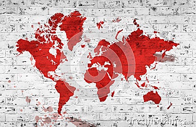 Illustrated red map of the world with a White brick wall. Horizontal background. Stock Photo