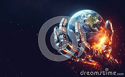 Illustrated robot hand and earth. Economic Catastrophe - AI's Crushing Impact. Environmental Crisis Cartoon Illustration