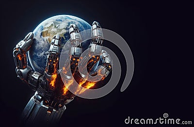 Illustrated robot hand and earth. Planet Under Siege - AI's Destructive Power. Robotic Overlords - A World in Ruins. Cartoon Illustration