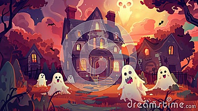 An illustrated scene of a haunted Victorian style house with playful ghosts set against a twilight sky with flying bats Stock Photo
