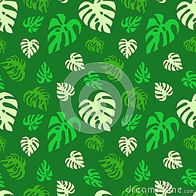 Illustrated seamless abstract pattern with green monstera leaves Stock Photo