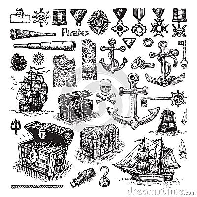 Illustrated set of pirate items and sketches Vector Illustration