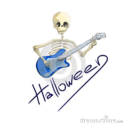 Illustrated skeleton with blue electric guitar Halloween Stock Photo