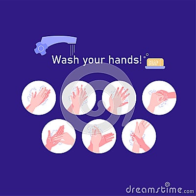 Covid-19 hands hygene instruction Vector Illustration