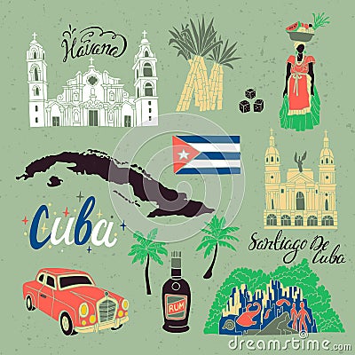 Illustrated tourist set of Cuba. Vector Illustration