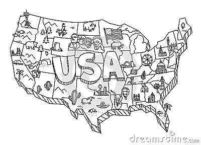 Illustrated USA map sketch. Tourist attraction. United States of America country. Freehand Illustration. Line hand-drawn Vector Illustration