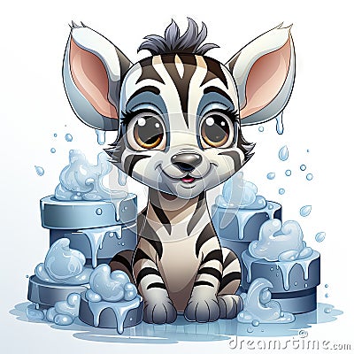 Illustrated zebra foal amidst glistening bubbles, showcasing whimsy and intricate design details. Stock Photo