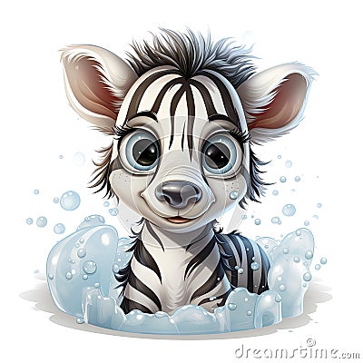 Illustrated zebra foal amidst glistening bubbles, showcasing whimsy and intricate design details. Stock Photo