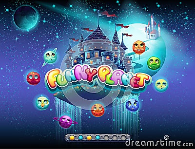 Illustrates an example of loading screen for a computer game on the topic of space and planets cheerful. There is a boot bar. Vector Illustration