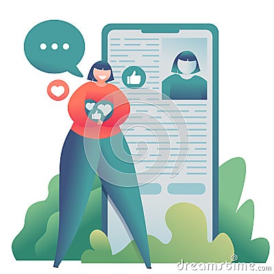 Illustrating of teenage blogger girl near smartphone searching friends and collecting likes Stock Photo