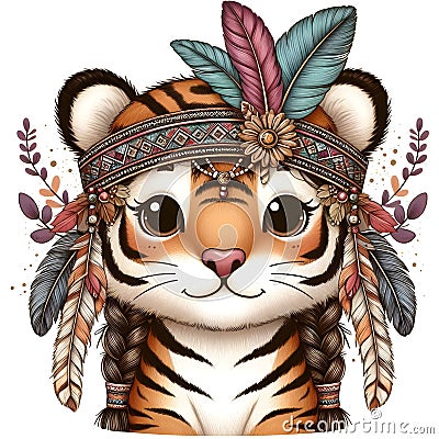 cute tiger in a heDecorated chinese treeaddress with feather Stock Photo