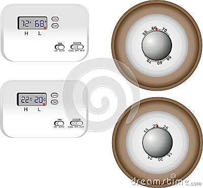 Illustratioms of a digital and analog thermostats Vector Illustration