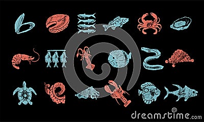 Fishes, arthropods and seafood in a abstract draw design. Simple, flat design. Patterns and backgrounds. Vector Illustration