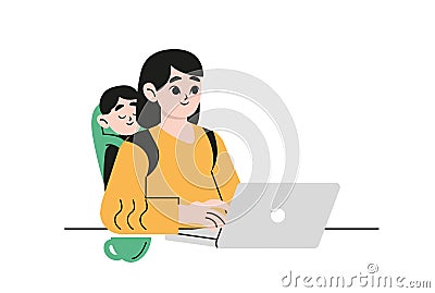 Mother work from home. Working mom, happy busy freelancer holding baby. Vector Illustration