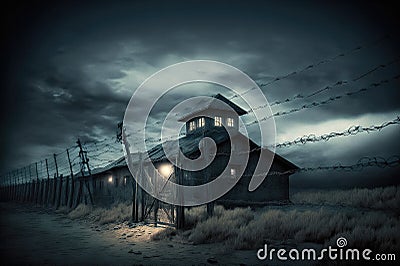 Illustration of an abandoned concentration camp with stormy skies Cartoon Illustration