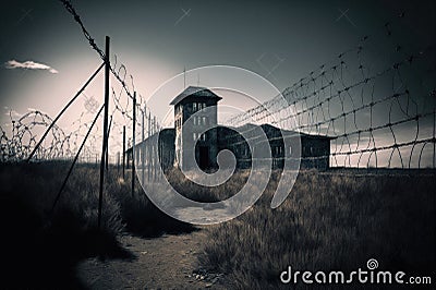 Illustration of an abandoned concentration camp with stormy skies Cartoon Illustration