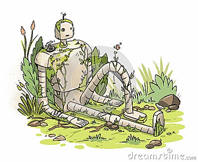 Illustration of an abandoned overgrown robot on the grass Vector Illustration