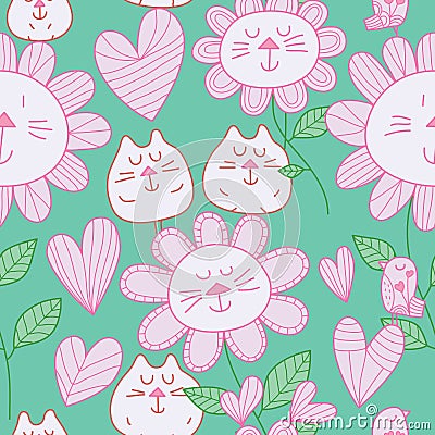 Cat flower cat bird pastel color seamless pattern Vector Illustration