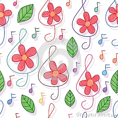 Music note with flower watercolor seamless pattern Vector Illustration