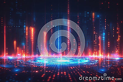 Abstract futuristic background with blue and red light ring, sound wave and binary code. digital technology concept design. i Cartoon Illustration