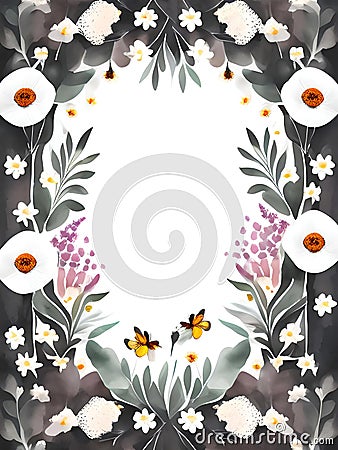 Illustration of Abstract Garden Wishes. A Dreamy Watercolor Greeting Template with Colorful Flowers. Stock Photo