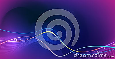 Illustration Abstract glowing, neon light effect, wave line, wavy pattern. Vector design communication techno on blue background. Stock Photo