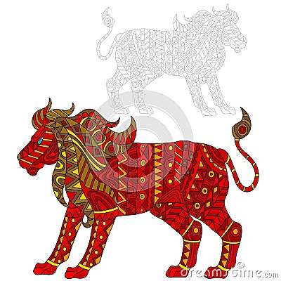 Abstract Illustration of red lion, animal and painted its outline on white background , isolate Vector Illustration