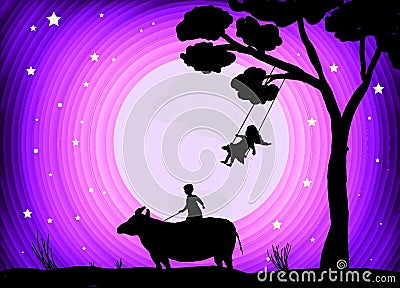 Illustration Of Abstract Sky With Moon And Stars, Girl Swing . Stock Photo