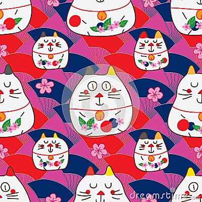 Zen cat Maneki look symmetry fan Sakura seamless pattern Vector Illustration
