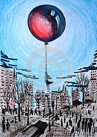 Illustration of abstraction. Silhouette of a young girl, hovers in black, gray city, and holds a large red balloon floating in the Stock Photo