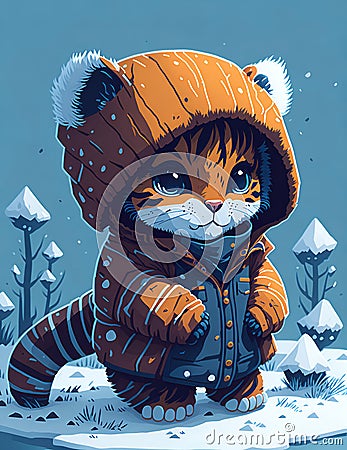 Adorable, cute, fluffy baby tiger character warmed up in winter Clothes Illustration. Cartoon Illustration