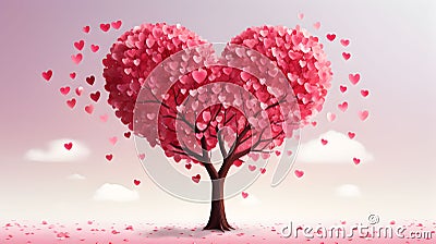 Tree of pink hearts full of love. Cute adorable tree filled with heart leaves background Cartoon Illustration