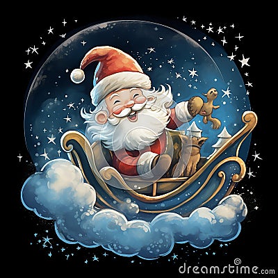 Illustration of an adorable Santa Claus flying in his sleigh. Generative AI Stock Photo