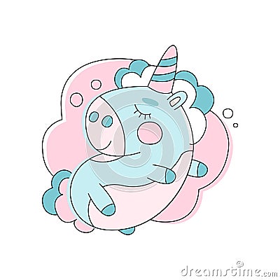Adorable unicorn sleeping on cloud. Line icon with pink Vector Illustration
