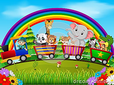 Adventurer and wild animals on the train with rainbow Vector Illustration