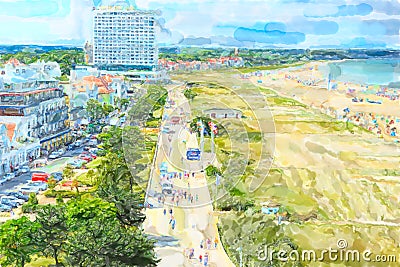 Aerial view over Baltic sea town Warnemunde with its houses promenade and beach Stock Photo