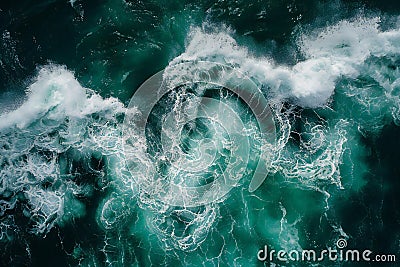 Aerial view of turbulent ocean waves, creating dynamic patterns and textures. the water is deep emerald green with white foam Cartoon Illustration