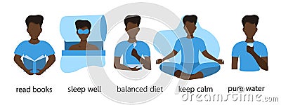 Illustration of an African American man leading a healthy lifestyle. Black young man reads books, eats right, drinks water, sleeps Stock Photo