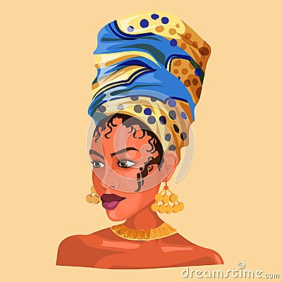 Illustration of an African or latinos Girl Wearing Pretty Head Scarves and Earrings. Exotic hand drawn text. Used for print design Stock Photo