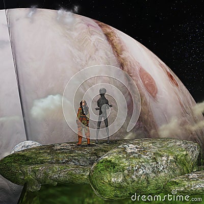 Illustration of an alien and an astronaut looking at a rising planet Cartoon Illustration